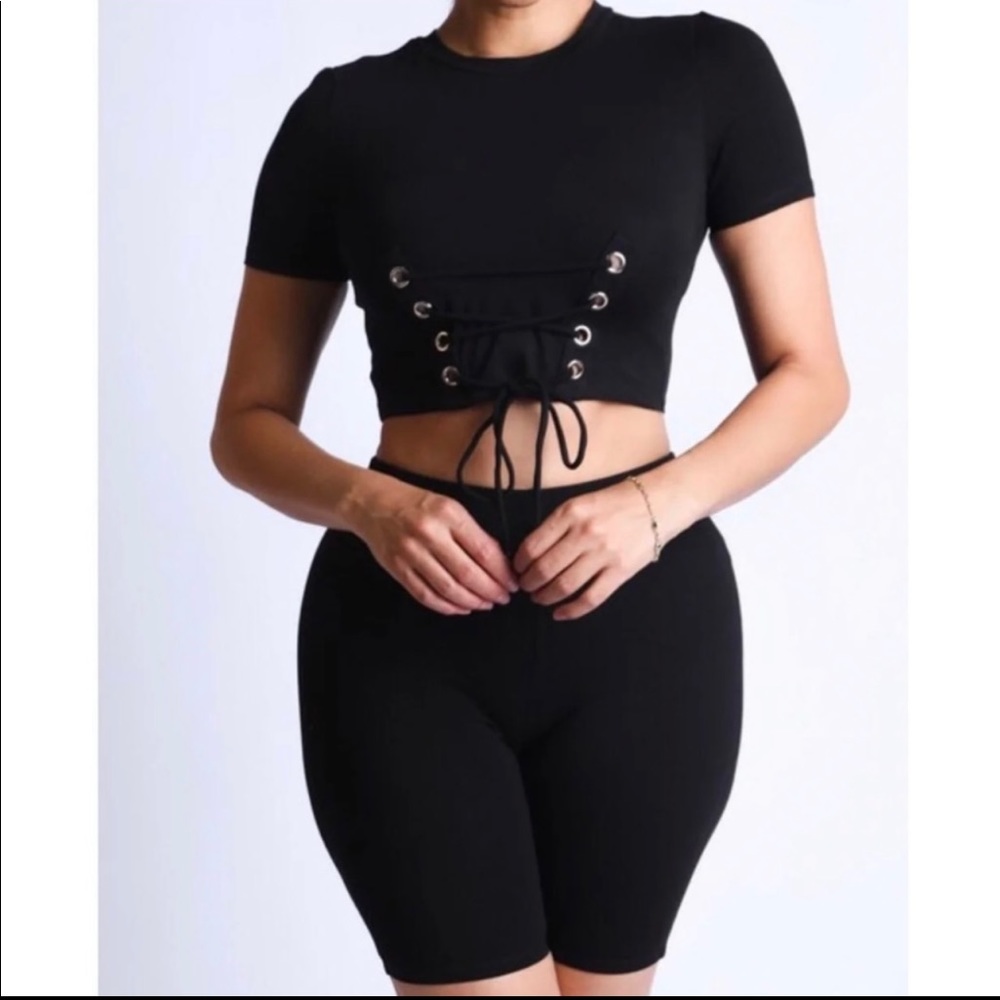 Black Two Piece Biker Short Lounge Wear Set